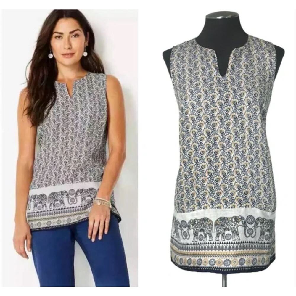 J.Jill Love Linen Medallion Elephant Boho Sleeveless Split Neck Tunic Top XS